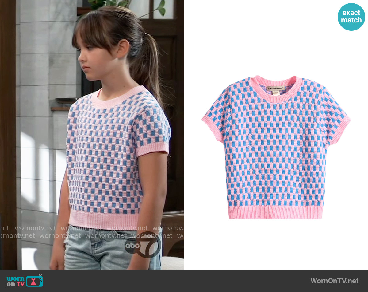 Cotton Emporium Checkerboard Short Sleeve Sweater worn by Scout Quartermaine (Cosette Abinante) on General Hospital