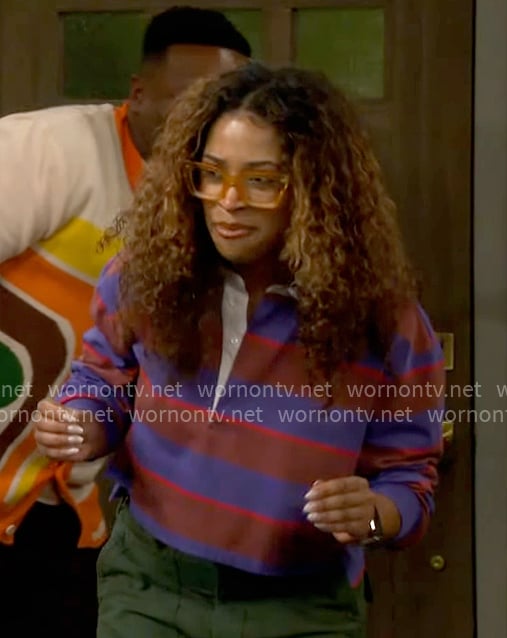Courtney’s purple and red striped rugby top on The Neighborhood