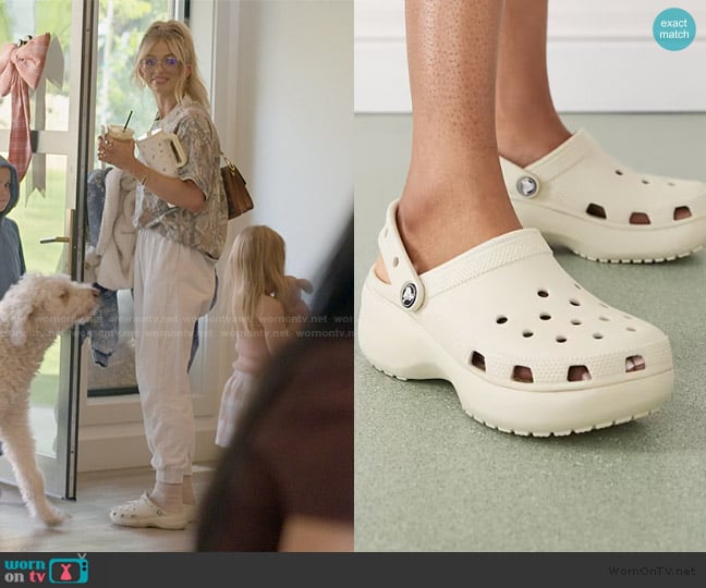 Crocs Classic platform clogs in bone worn by Miranda McWhorter on The Secret Lives of Mormon Wives