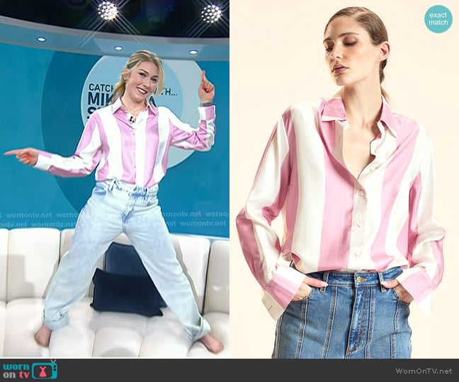 Cynthia Rowley Collectible Stripe Silk Shirt in Pink White worn by Mikaela Shiffrin on Today