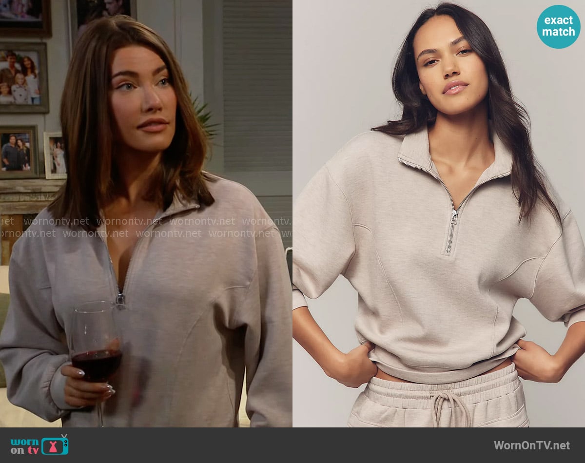 Daily Practice Half-Zip Pullover in Mink Heather worn by Steffy Forrester (Jacqueline MacInnes Wood) on The Bold and the Beautiful