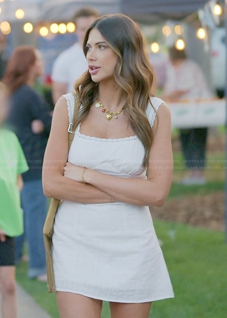 Demi’s white square neck mini dress on The Secret Lives of Mormon Wives
