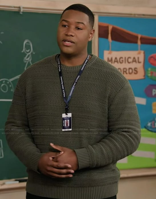 Dominic’s green knit sweater on Abbott Elementary