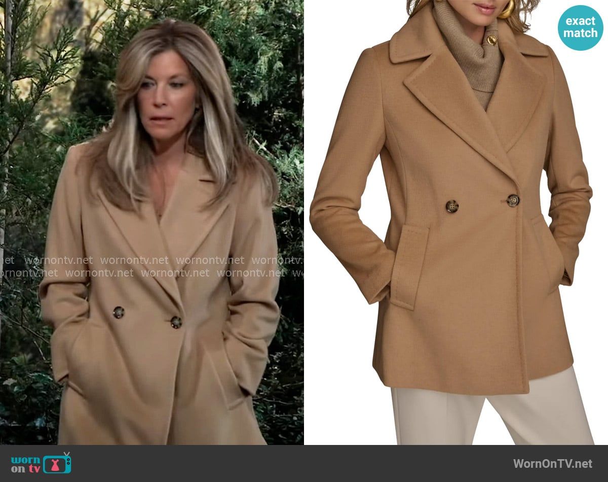 Donna Karan Double Breasted Blazer Coat in Camel worn by Carly Spencer (Laura Wright) on General Hospital