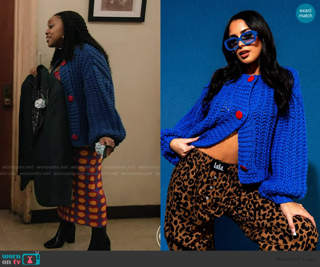 Dressed in Lala You Wish Hand Knit Chunky Cardigan in Blue worn by Janine Teagues (Quinta Brunson) on Abbott Elementary