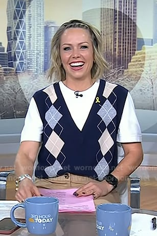 Dylan’s navy argyle layered sweater and beige pants on Today