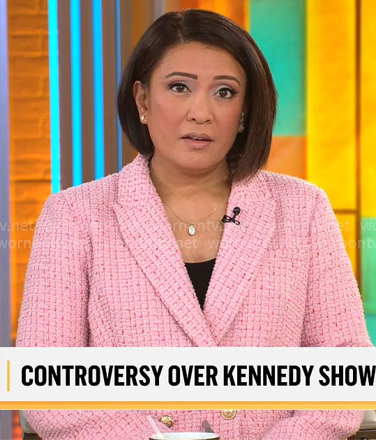 Elaine Quijano’s pink tweed jacket on CBS Mornings