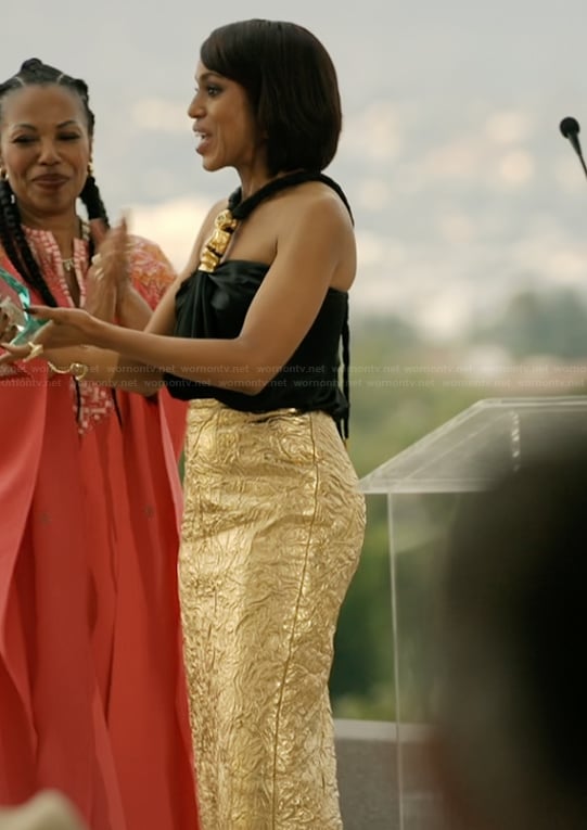 Eleanor’s black top and gold metallic skirt on Imperfect Women