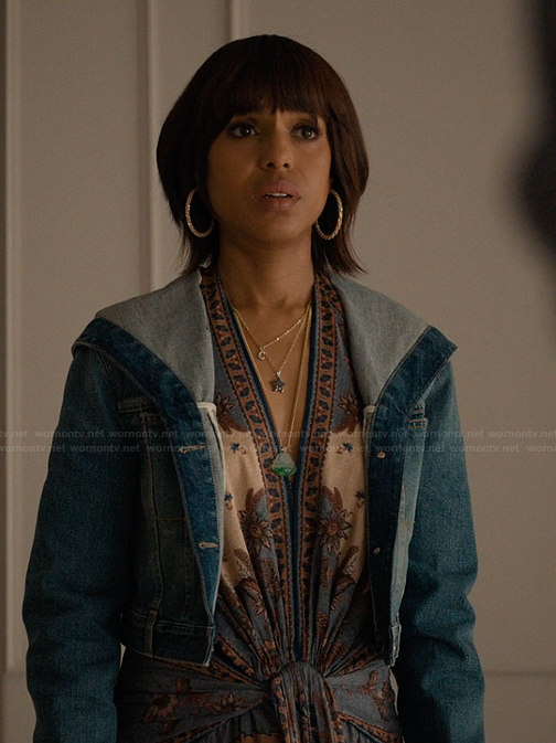Eleanor’s denim jacket and twist front halter dress on Imperfect Women
