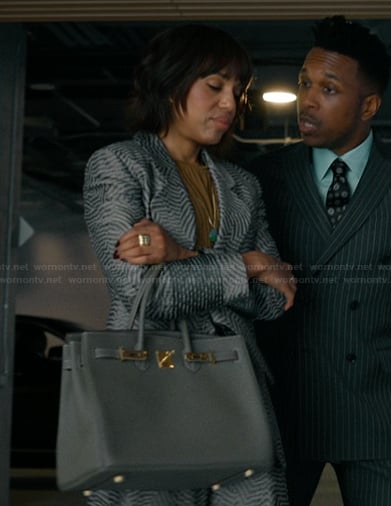 Eleanor’s gray animal print blazer and pants on Imperfect Women
