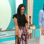 Elizabeth Werner’s black ruffled top and floral pants on CBS Mornings