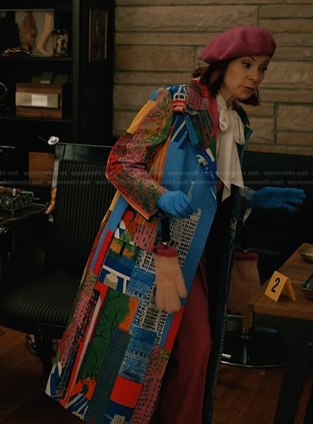 Elsbeth’s cityscape print coat on Elsbeth