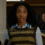 Faith’s olive striped sweater vest and blue shirt on Will Trent