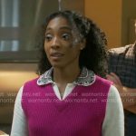 Faith’s embroidered top and pink sweater vest on Will Trent