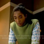 Faith’s squares embroidered shirt and green sweater vest on Will Trent