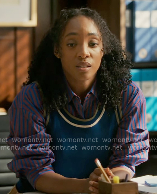 Faith’s blue striped and contrasting trim tank top on Will Trent