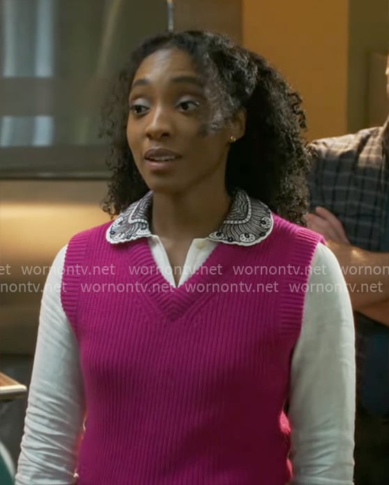 Faith’s embroidered top and pink sweater vest on Will Trent