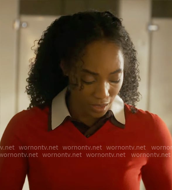 Faith’s red v-neck layered sweater on Will Trent