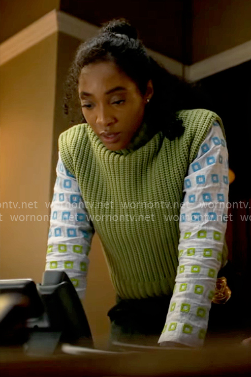 Faith’s squares embroidered shirt and green sweater vest on Will Trent