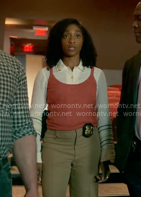 Faith’s white embroidered shirt and coral tank top on Will Trent