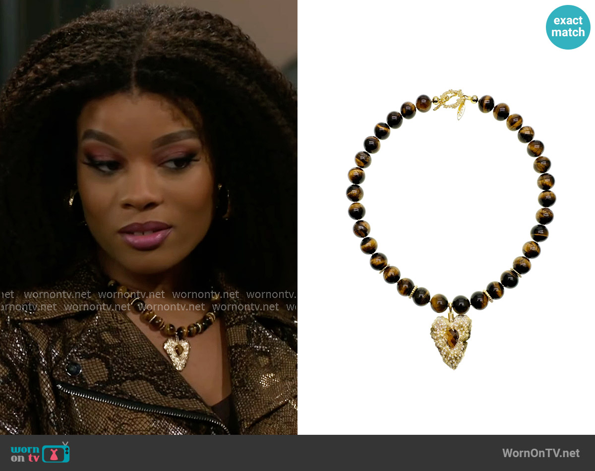 Farra Tiger Eye Stone With Leaf Pendant Chunky Necklace worn by Eva Thomas (Ambyr Michelle) on Beyond the Gates