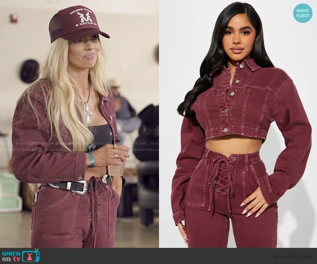 Fashion Nova Bordeaux Stretch Denim Jacket worn by Miranda McWhorter on The Secret Lives of Mormon Wives