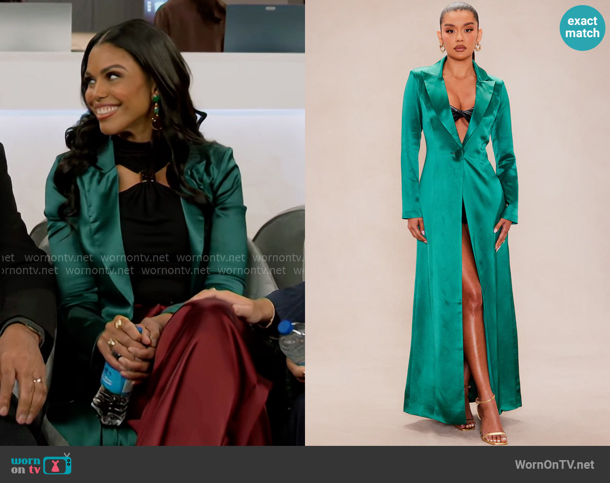 Fashion Nova Deana Satin Maxi Blazer in Hunter worn by Dani Dupree (Karla Mosley) on Beyond the Gates