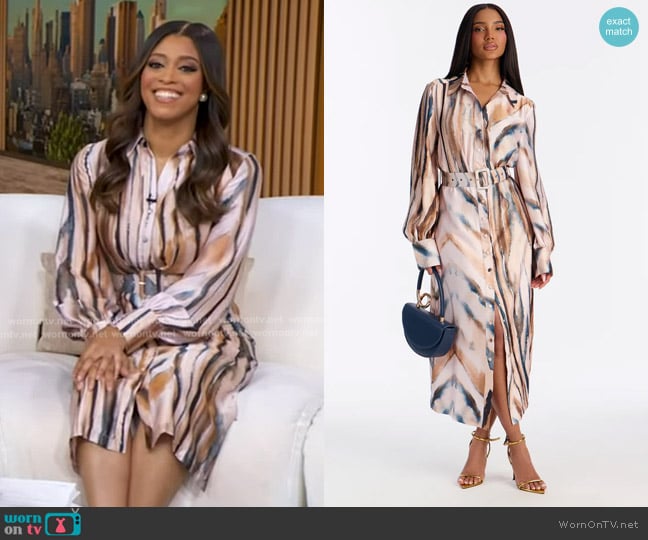 Fashion Nova Kaleen Belted Satin Midi Dress in Brown Combo worn by Morgan Norwood on Good Morning America