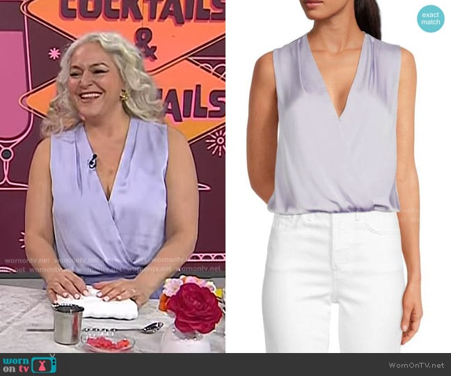 Favorite Daughter Date Satin Surplice Bodysuit in Lilac worn by Lynnette Marrero on Today
