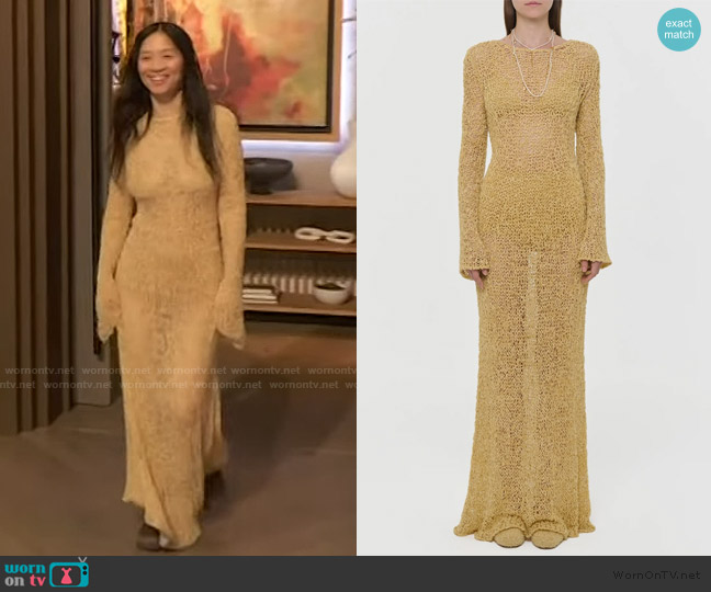 Gabriela Hearst Elinea Knit Maxi Dress in Hay Silk Cashmere Linen worn by Chloé Zhao on The Drew Barrymore Show