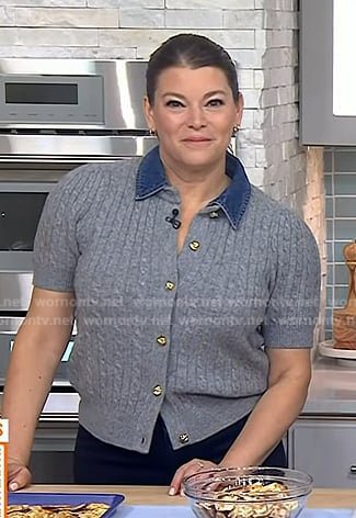 Gail Simmons’s grey cable knit cardigan with denim collar on Today
