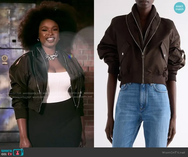 Givenchy Zip Shawl Collar Bomber Jacket in Brown worn by Jennifer Hudson on The Voice