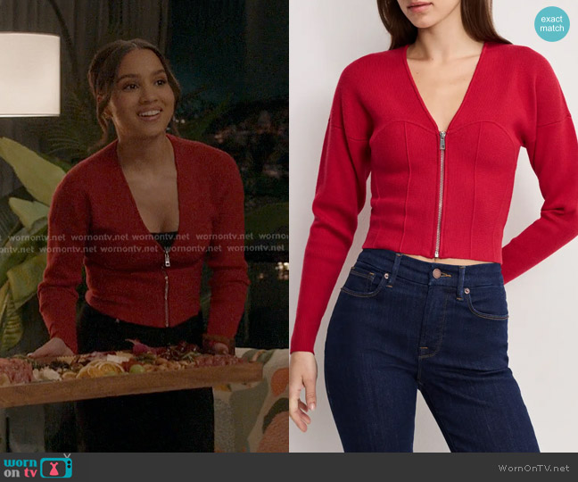 Good American Zip Front Bustier Sweater in Ruby worn by May Grant (Corinne Massiah) on 9-1-1