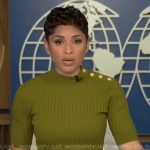 Jericka’s green button-shoulder ribbed dress on CBS Evening News