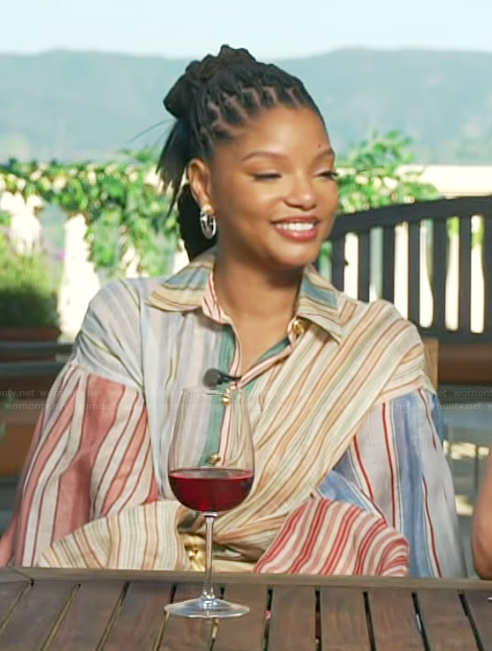 Halle Bailey’s mixed stripe balloon sleeve dress on Access Hollywood