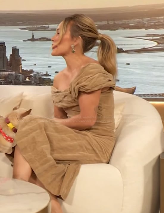 Hilary Duff’s beige off shoulder velvet dress on The Drew Barrymore Show