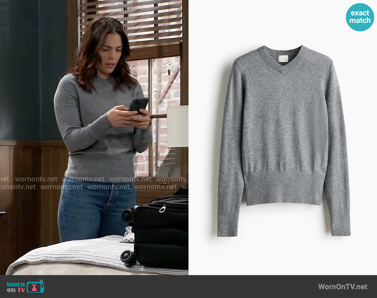 H&M V-Neck Sweater in Grey Melange worn by Britt Westbourne (Kelly Thiebaud) on General Hospital