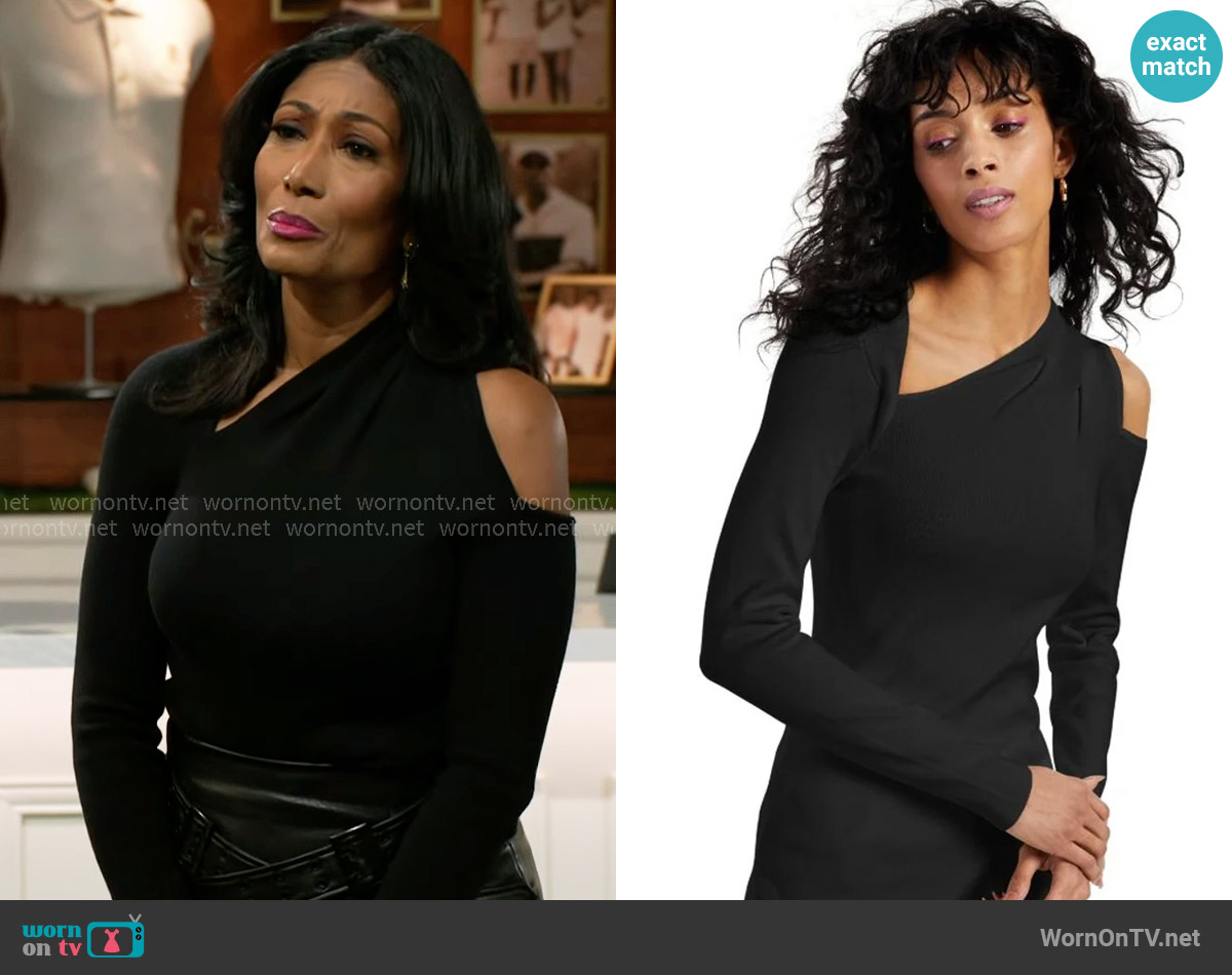 INC International Concepts Asymmetrical Cold-Shoulder Sweater worn by Dana 'Leslie' Thomas (Trisha Mann-Grant) on Beyond the Gates