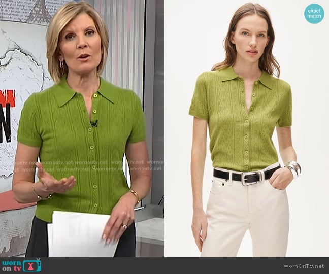 J. Crew Cashmere Pointelle Button-up Short-sleeve Cardigan in August Peridot worn by Kate Snow on NBC News Daily