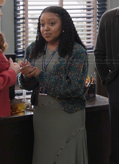 Janine’s teal speckled cardigan on Abbott Elementary