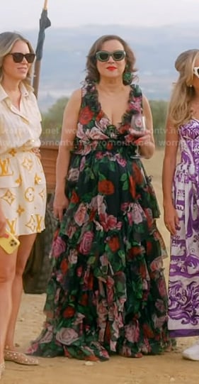 Jennifer’s rose print tiered maxi dress on The Real Housewives of Beverly Hills