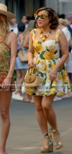 Jennifer’s yellow rose print mini dress on The Real Housewives of Beverly Hills