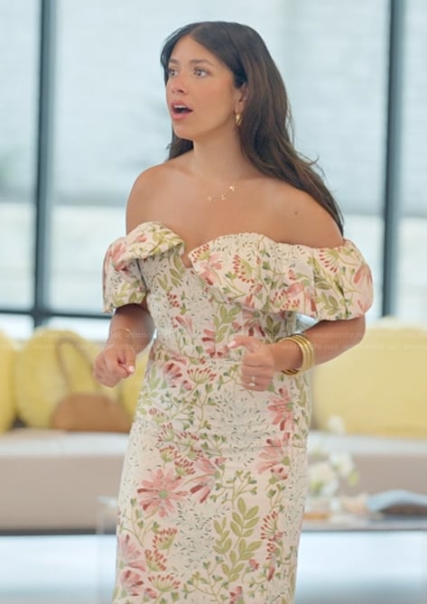 Jen’s floral print off shoulder dress on The Secret Lives of Mormon Wives