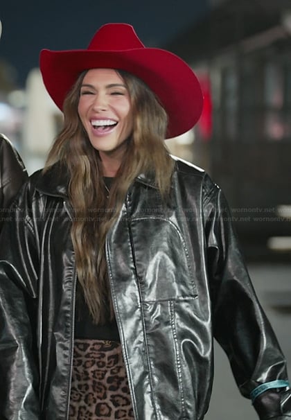 Jessi’s black leather jacket on The Secret Lives of Mormon Wives