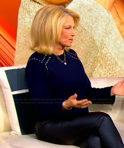 Joan Lunden’s navy embellished sweater on Tamron Hall Show