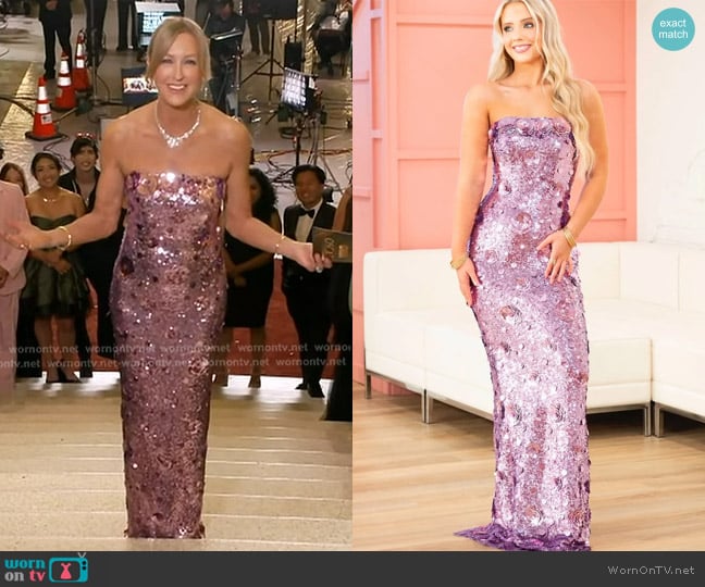 Jovani Dazzling Lilac Sequin Strapless Gown with Floral Accents 42154 worn by Lara Spencer on Good Morning America