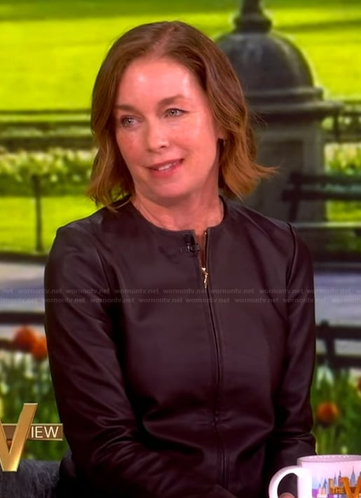 Julianne Nicholson’s brown leather jacket and skirt on The View