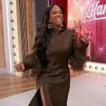 Kandi Burruss’s brown satin feather trim dress on Sherri