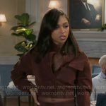 Kat’s burgundy suede jacket and skirt set on Beyond the Gates
