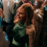 Kay’s green satin dress on Scarpetta